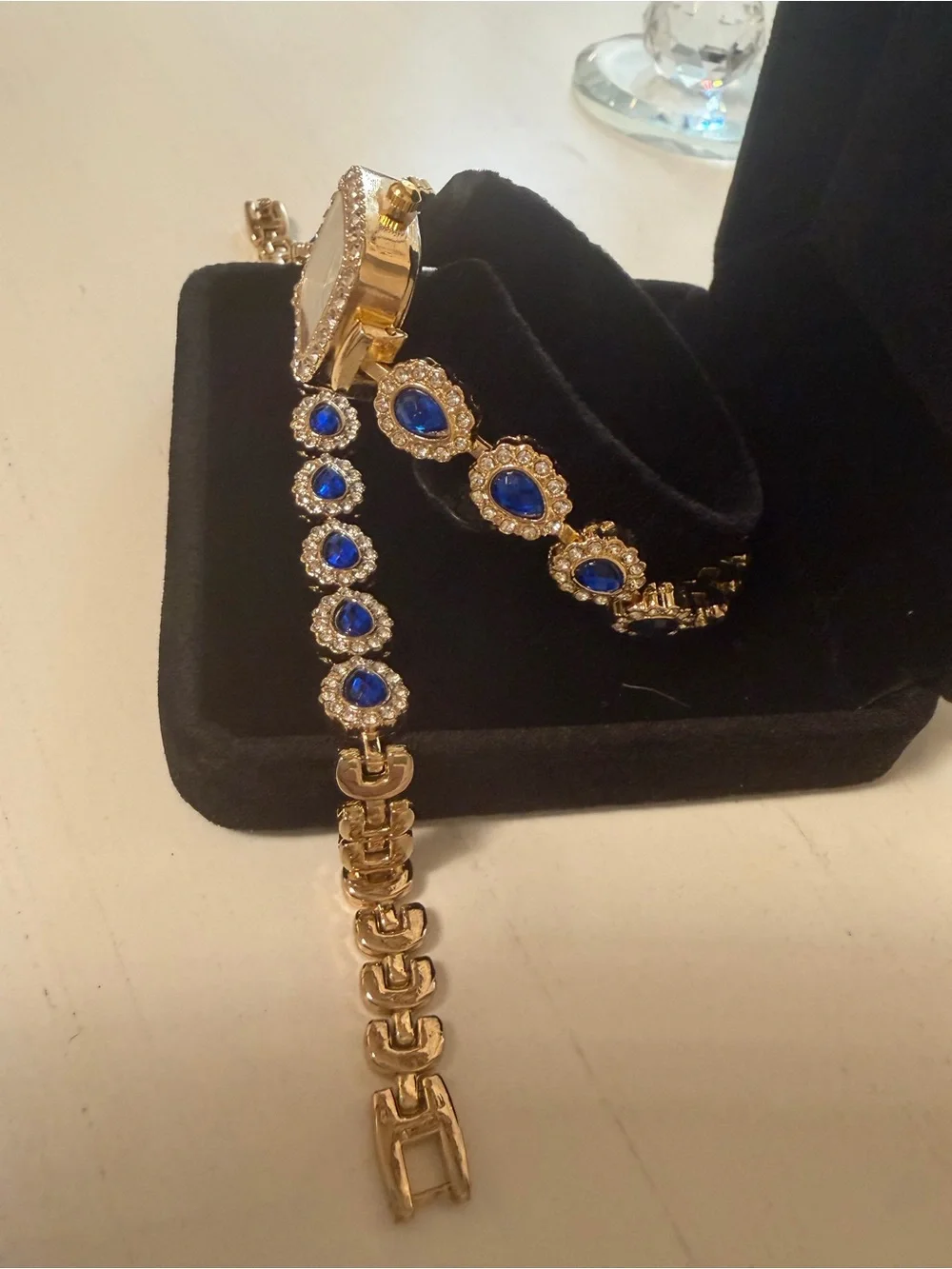 Gold-Tone Bracelet Watch with Royal Blue Dial and Crystal Accents
